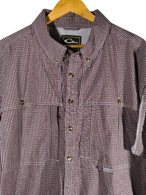 Drake Waterfowl Men’s XL Plaid Long Sleeve Hunting Fishing Vent Shirt Burgundy